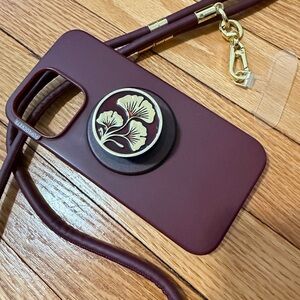 POPSOCKETS Oxblood Phone Case with Leather Strap, Gold Accent iPhone 15 Pro Max
